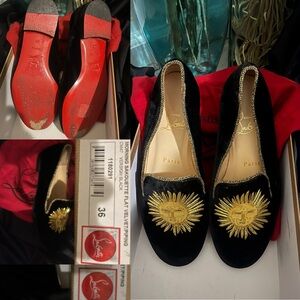 Christian Louboutin Black Velvet Loafers with Gold Sun Motif